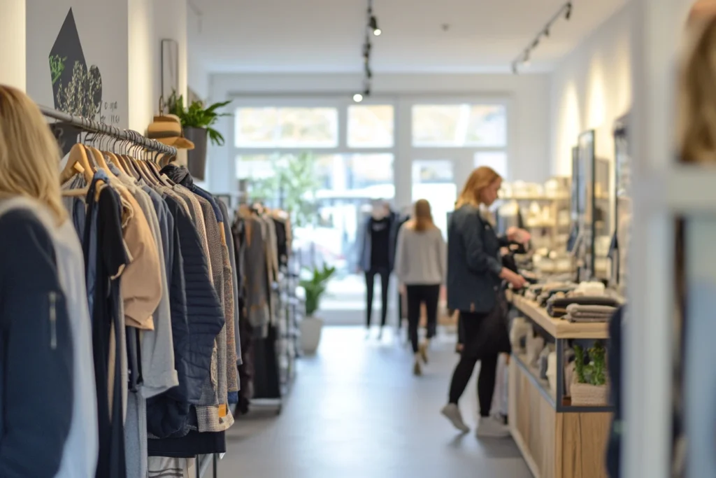 A brightly lit clothing store with racks of clothes on the left and folded garments on a counter to the right. People browse, creating a busy yet calm atmosphere.