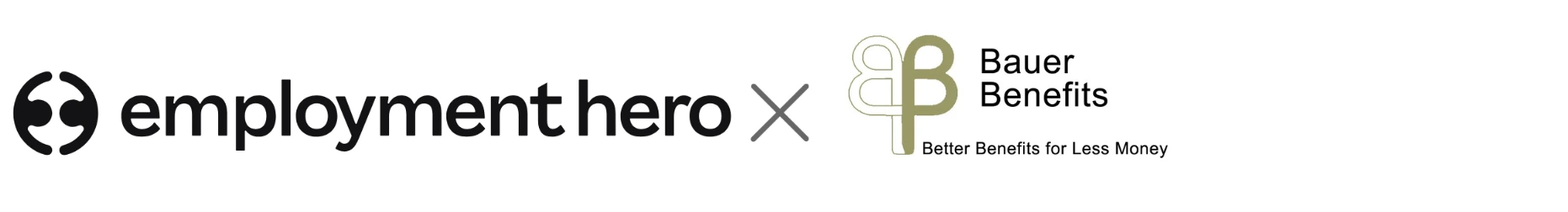 Logos of "Employment Hero" and "Bauer Benefits" with a stylized "X" in between. Bauer Benefits tagline: "Better Benefits for Less Money."