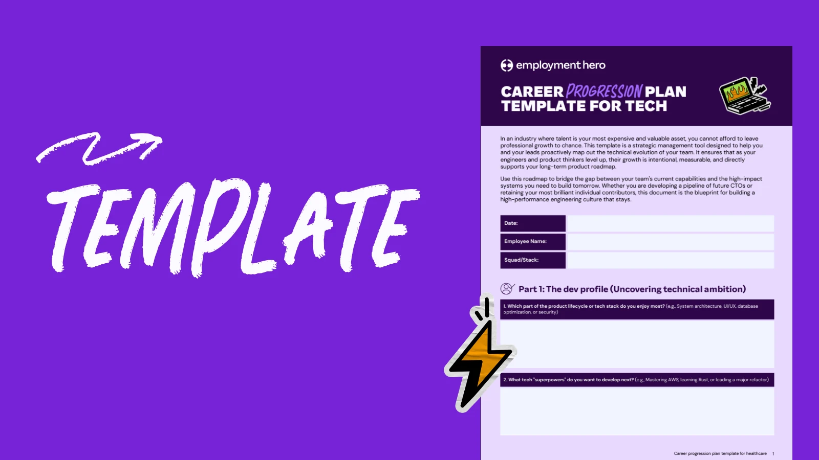 Purple graphic displaying a career progression plan template for tech by Employment Hero. Features illustrative elements like an arrow and a lightning bolt.