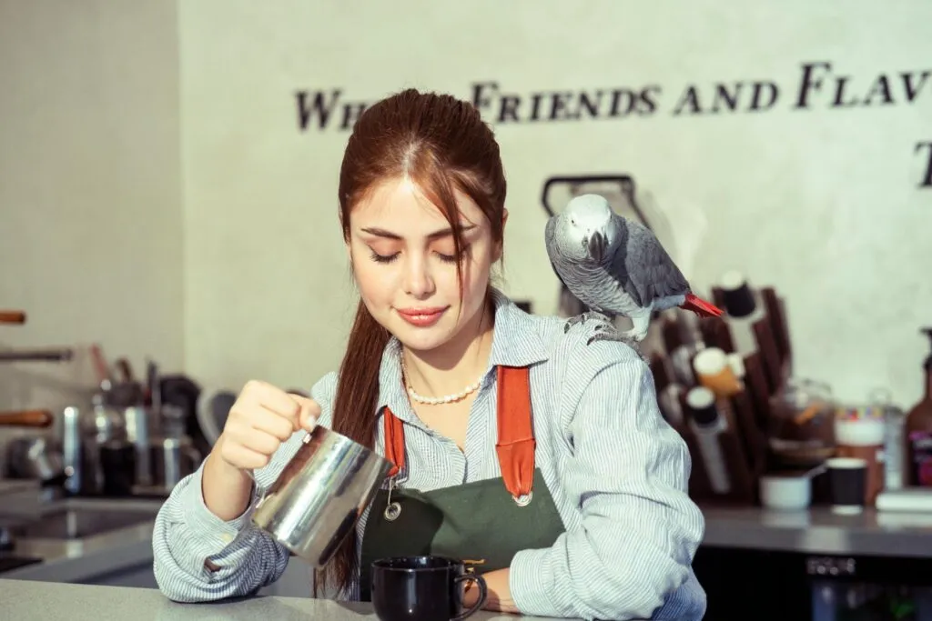 A female barista in a green apron carefully pouring milk into a coffee cup while a grey parrot sits on her shoulder, representing the unique hospitality talent in Canada that businesses can retain using a career progression roadmap.