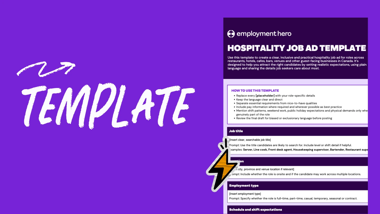A purple image features bold "TEMPLATE" text with arrows pointing to the right. Adjacent is a "Hospitality Job Ad Template" with white text and a lightning bolt icon.