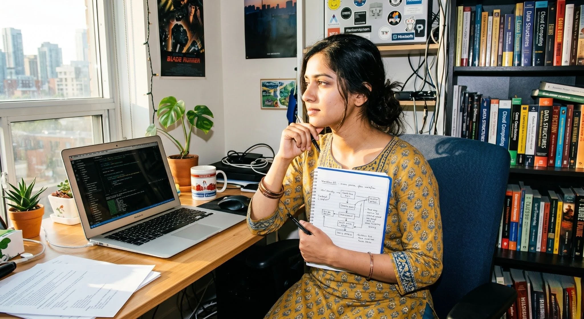 A woman in a yellow patterned dress sits at a desk, holding a notebook and contemplating. A laptop with code is open, surrounded by books and plants.