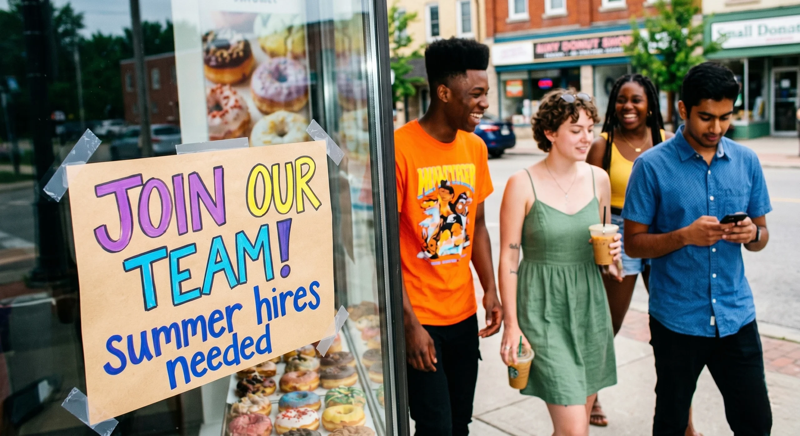 A group of four young adults walk down a street, smiling and chatting. A sign on a shop window reads, "Join our team! Summer hires needed."