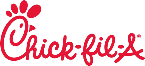 Red Chick-fil-A logo on a black background, featuring a stylized chicken head formed by the letters, conveying a friendly and inviting tone.