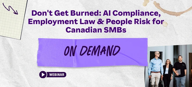 Webinar graphic featuring AI compliance and employment law topics for Canadian small and medium-sized businesses.