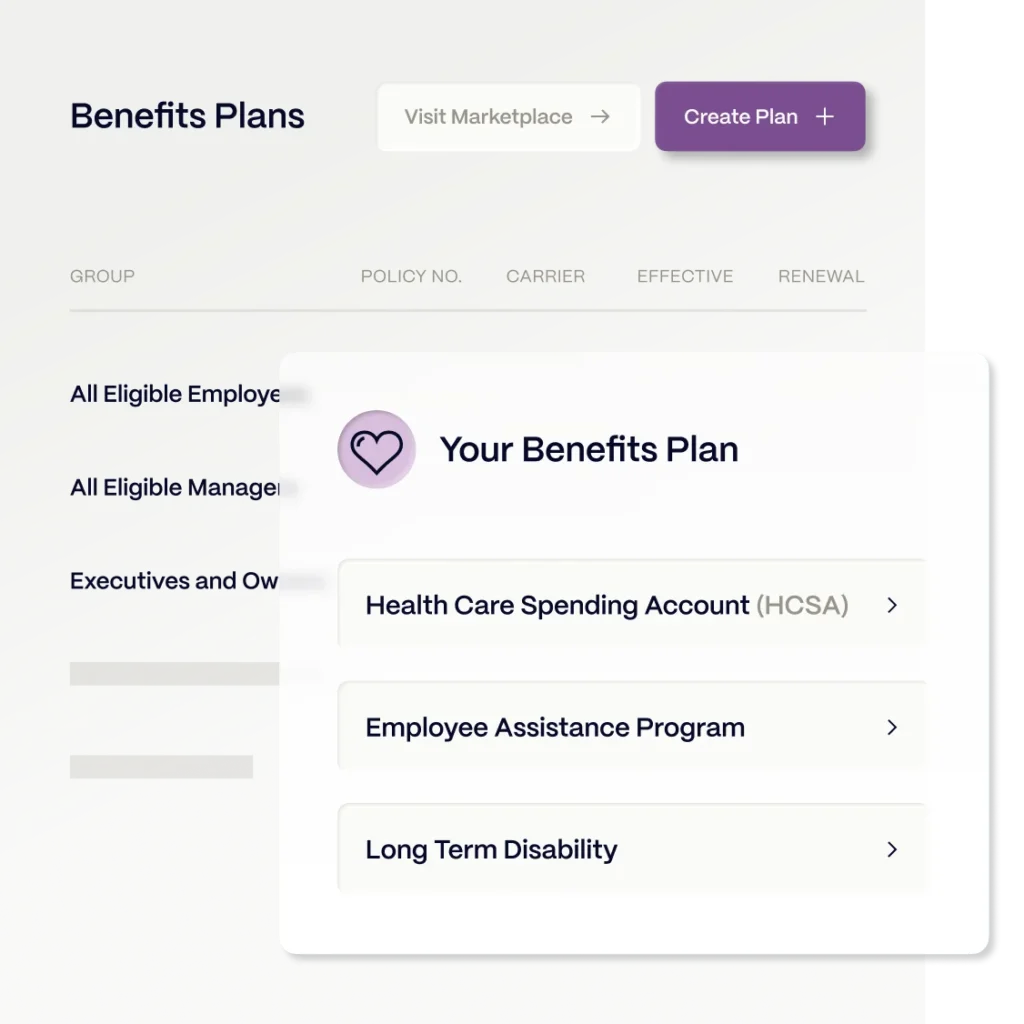Software interface displaying a benefits plan menu with options for a Health Care Spending Account, Employee Assistance Program, and Long Term Disability.