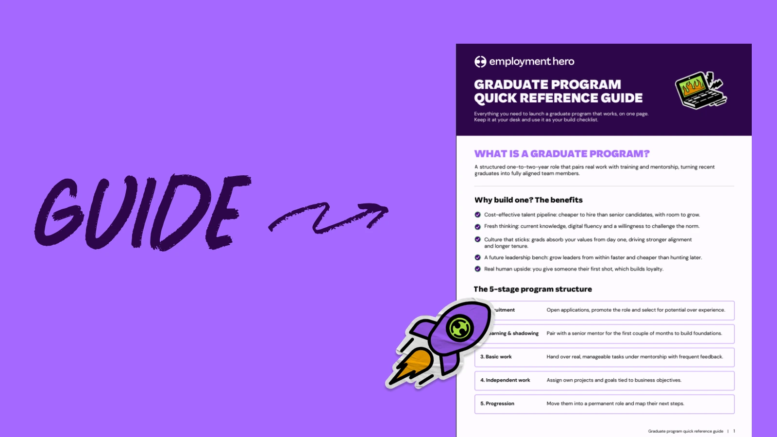A light purple graphic featuring the word "GUIDE" handwritten in dark purple, with an arrow pointing toward a document titled "Graduate Program Quick Reference Guide" by Employment Hero. A small cartoon rocket ship illustration overlaps the bottom left corner of the document.