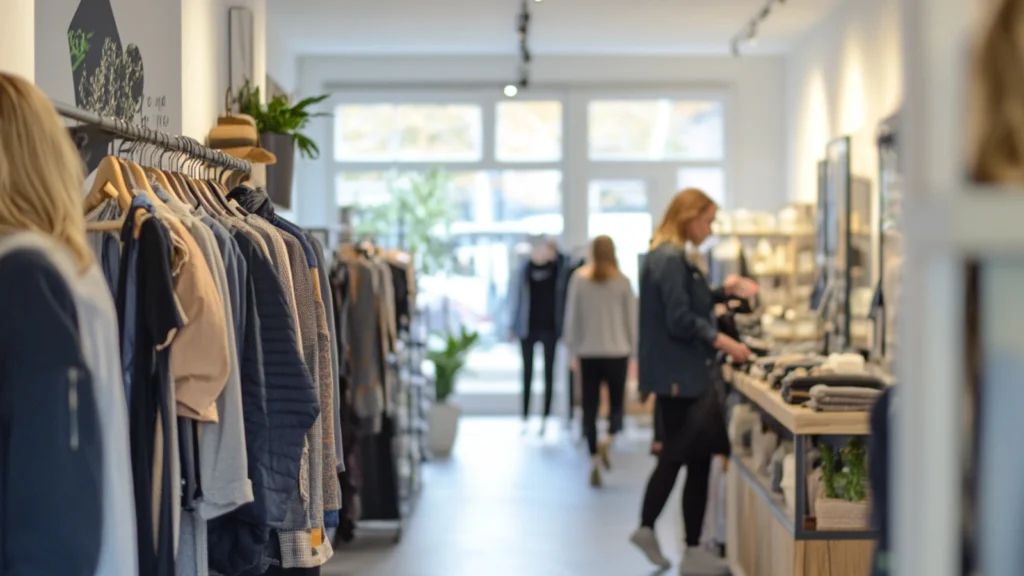 Customers browse racks of clothing inside a brightly lit boutique retail store while an employee assists nearby along the display aisle.