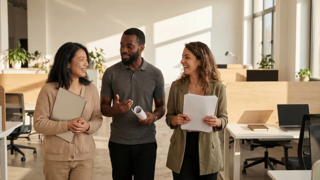 Three cheerful office colleagues smile and talk together while walking through a bright, modern open-plan office holding documents.