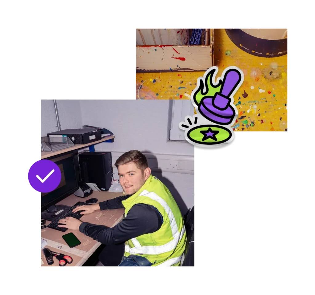Collage of a smiling worker in a high-visibility vest using a computer, with a purple checkmark and colorful paint-stamp graphic.