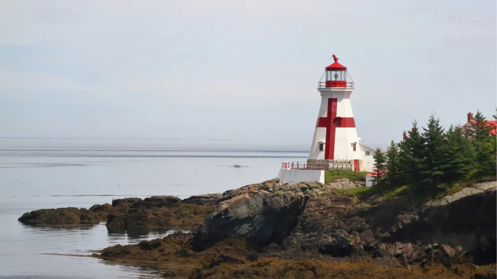 A red-and-white striped lighthouse stands on a rocky shoreline beside calm water, with evergreen trees under a pale, overcast sky; the scene feels quiet and serene.