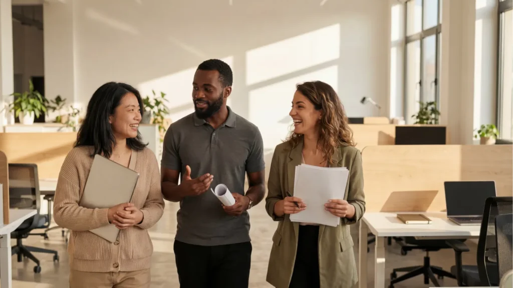 Three colleagues walk together through a modern office, smiling and conversing while holding documents and a laptop.