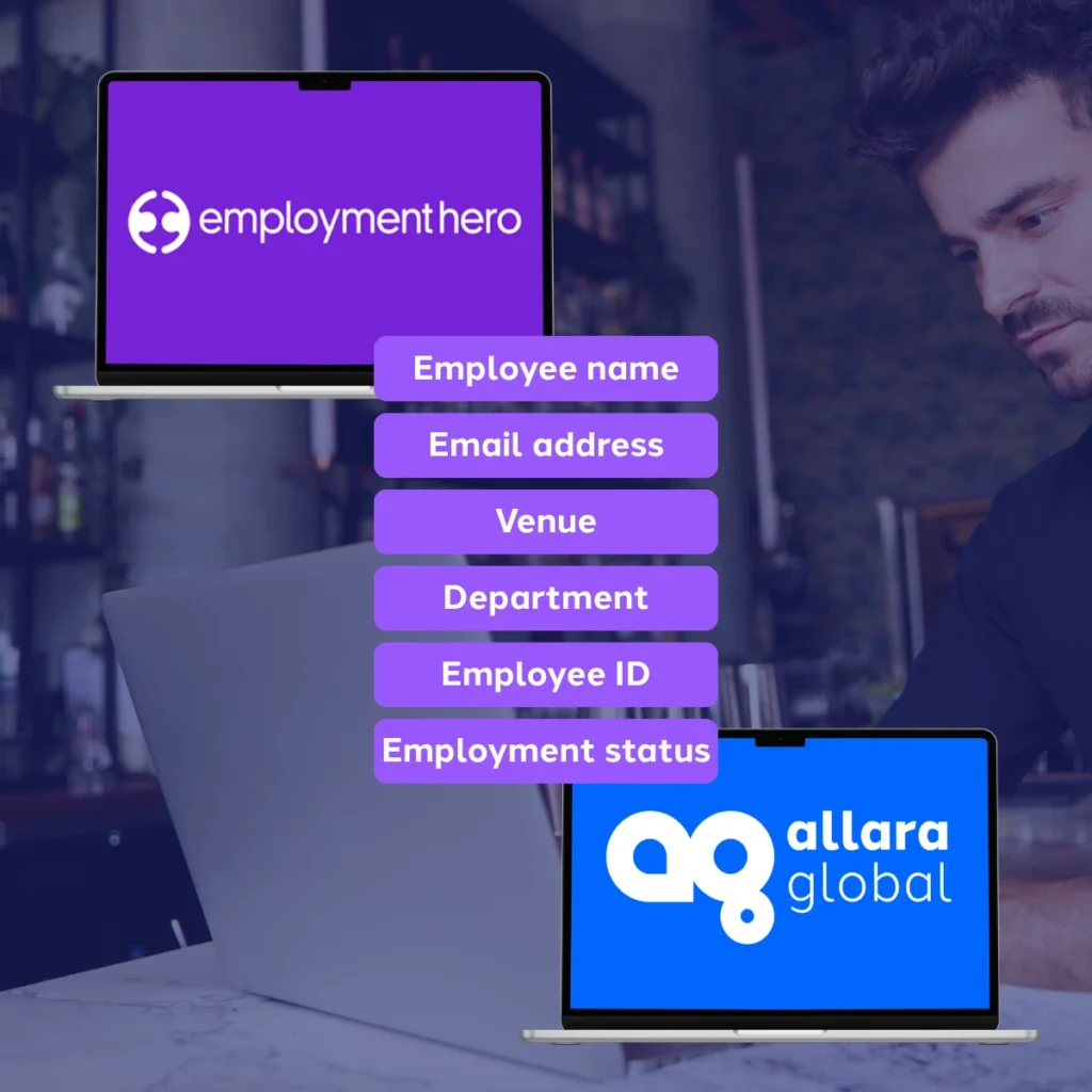 A conceptual graphic depicting data integration between Employment Hero and Allara Global laptop screens, featuring a central list of shared data fields like "Employee name," "Email address," and "Department," set against a faint background of a man working on a laptop.