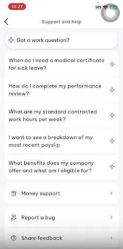 Mobile app “Support and help” screen listing work questions about sick-leave certificates, reviews, hours, payslips and benefits, plus support options.
