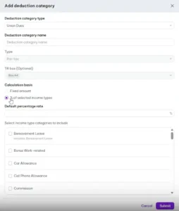 A tax software form for adding a deduction category, with fields for category type, name, tax treatment, and calculation basis. Income categories appear in a selectable list; calm, functional interface.
