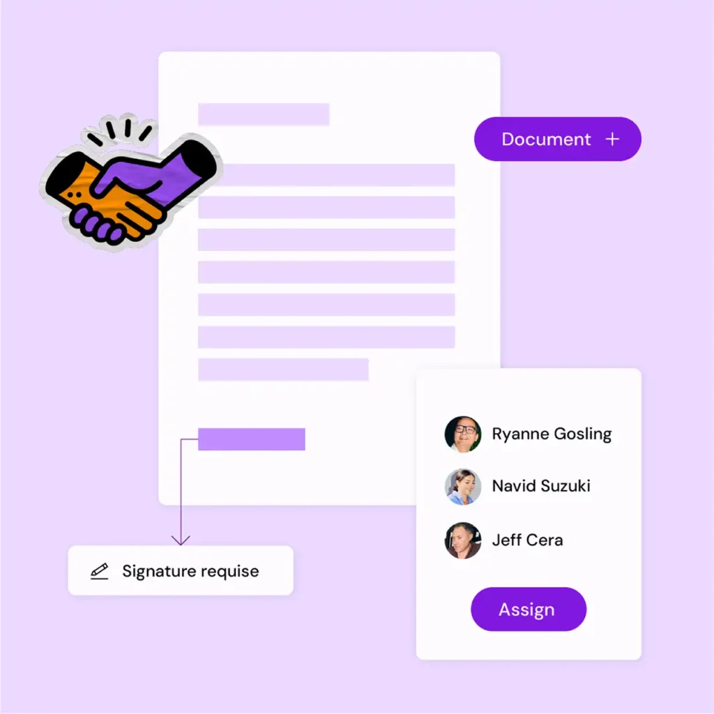 Illustration of a digital document labeled “Signature Required.” Features a handshake graphic, a purple "Document" button, and an "Assign" button next to three user icons.