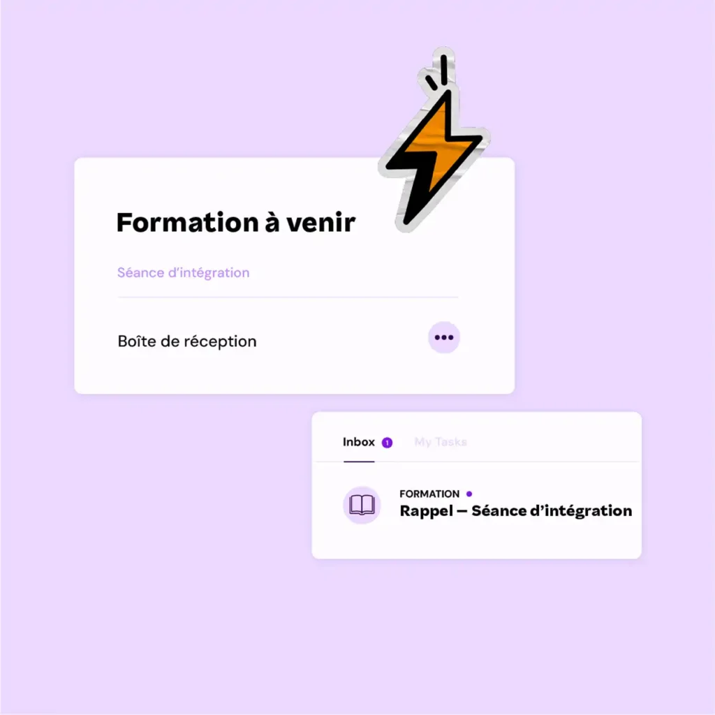 Purple-themed interface with text in French. Top box reads "Formation à venir" and "Séance d'intégration." Inbox section below mentions a reminder. A lightning bolt icon decorates the top.