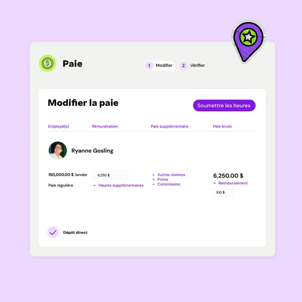 Payroll management interface on a purple background. It displays employee details, salary, and options for adjustments. A submit button is highlighted.