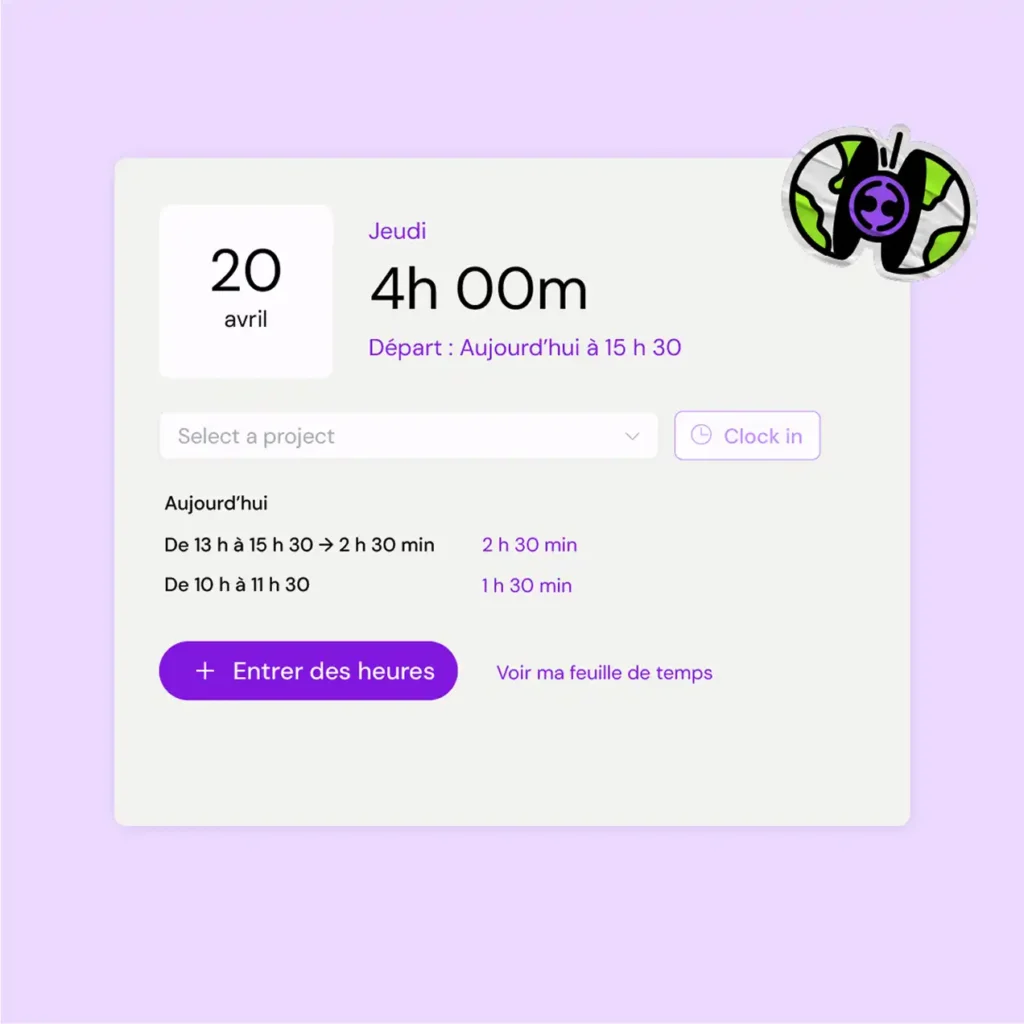 Time tracking app interface with a date display of April 20, Thursday, showing 4 hours worked. Buttons for project selection and entering time in French.