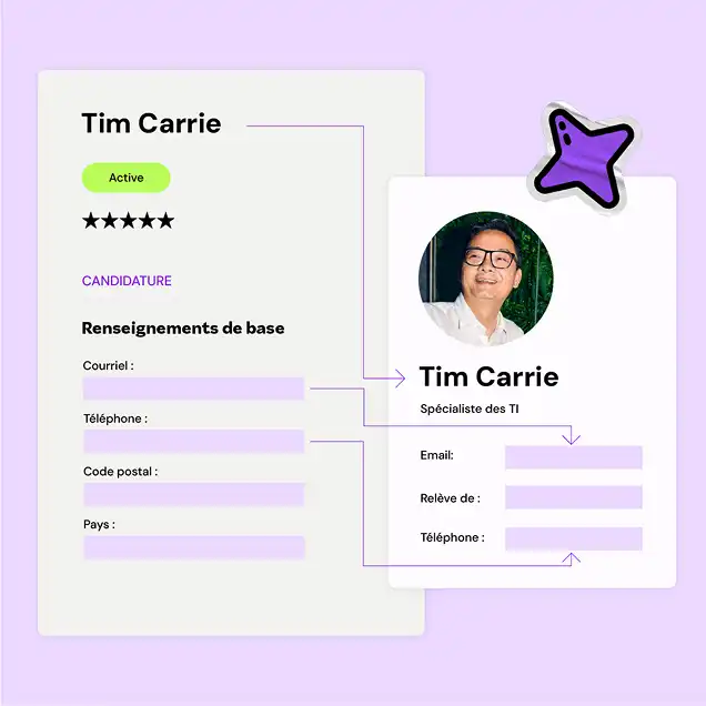 Profile card with a photo of a smiling person. Text on the card includes "Tim Carrie," "Active," and "Spécialiste des TI." A purple star icon is featured.