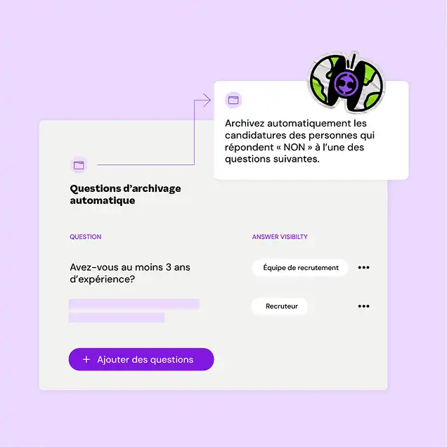 Alt text: A screenshot of a recruitment platform interface in French. It shows an option to archive applications if candidates answer "NO" to key questions, such as having at least three years' experience. A purple button for adding questions is visible. An illustrated icon with a folder symbolizes archival automation. The background is light purple, conveying a professional and modern tone.