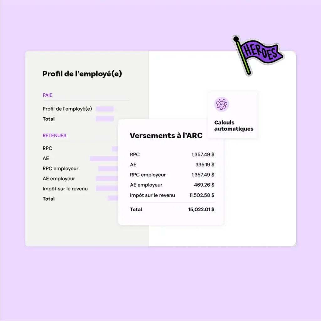 Employee payroll profile in French showing deductions and tax calculations. A "Heroes" flag icon adds a playful tone. Light purple theme.