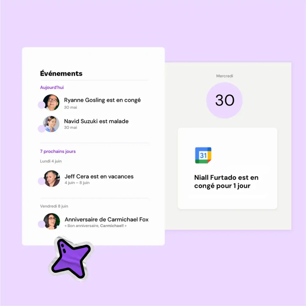Calendar event summary on a light purple background. Lists people on leave, sick, or on vacation. Includes a purple star and date, May 30th.
