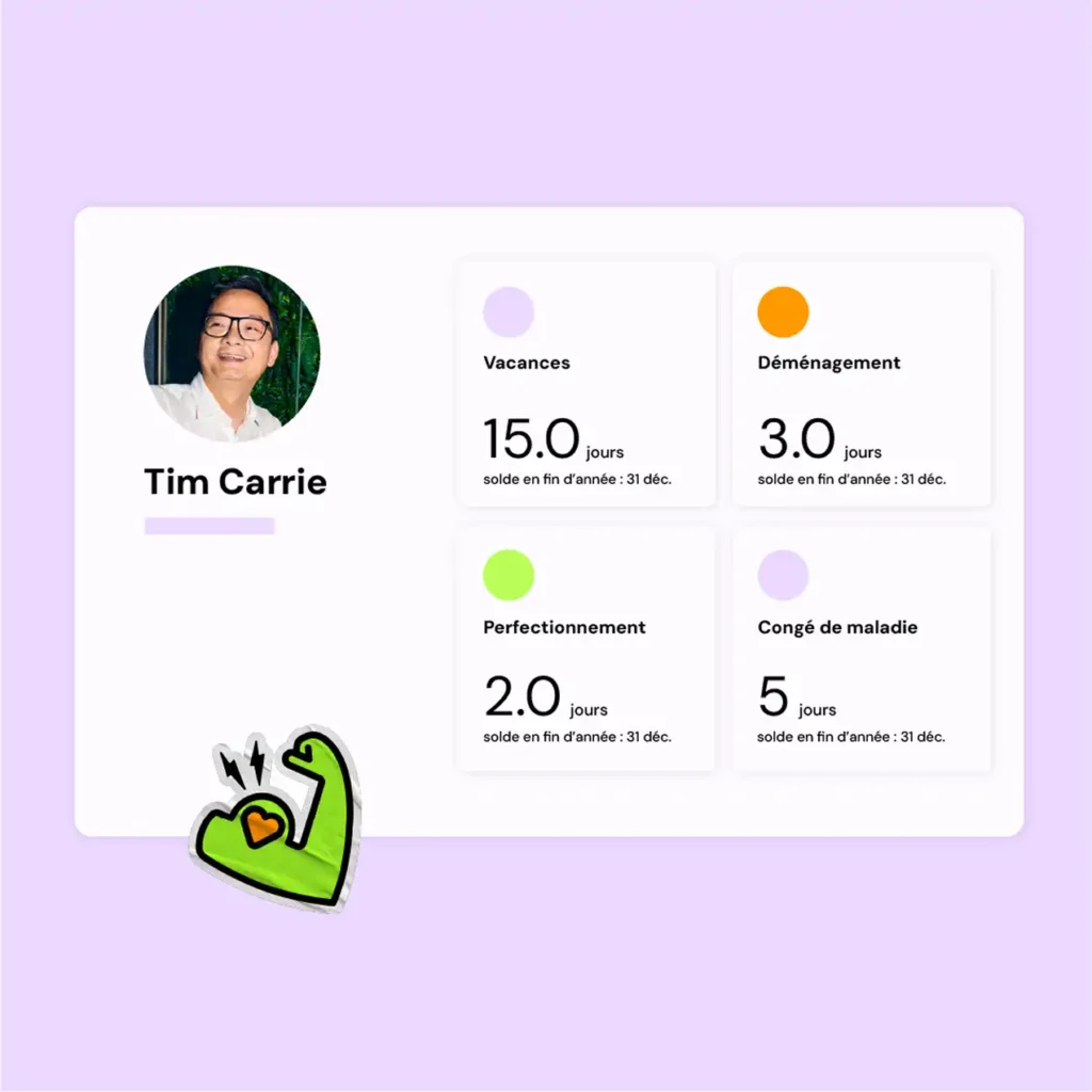 Profile layout on a light purple background showing a smiling person labeled “Tim Carrie.” Four boxes list vacation (15 days), moving (3 days), training (2 days), and sick leave (5 days) with color-coded dots. A green, flexed arm with a heart is at the bottom.