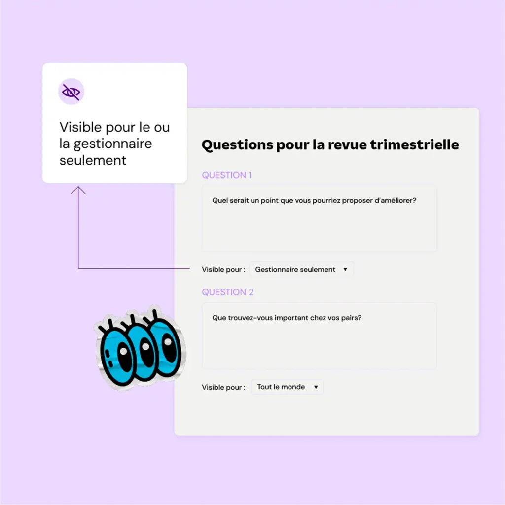 A form titled "Questions pour la revue trimestrielle" with two questions. The first is visible only to managers, highlighted by an eye icon. Cartoon eyes add a playful touch.
