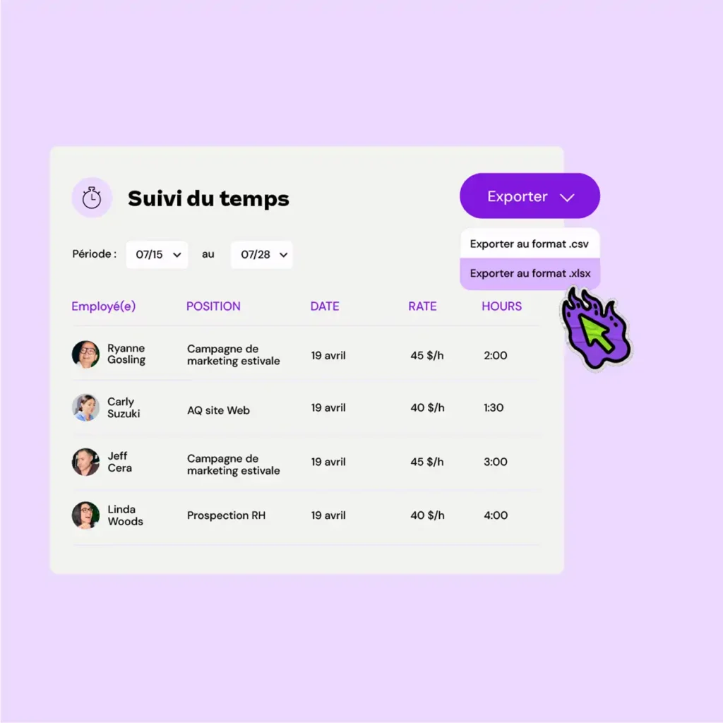 Time tracking interface in French on a lavender background. It lists employees, roles, dates, rates, and hours. A purple button offers export options.