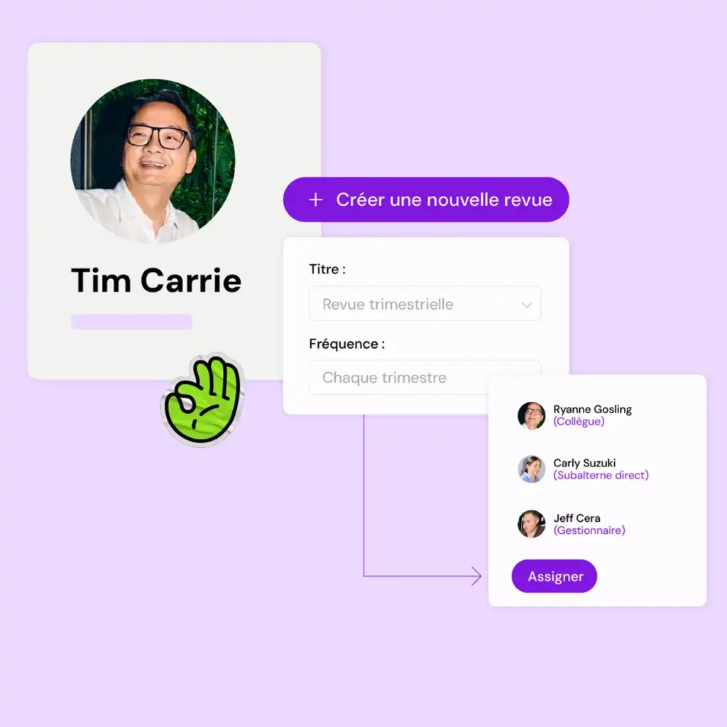 Profile card of Tim Carrie on a light purple background, featuring options to create a review, assign it, and a list of colleagues with roles. Playful tone.