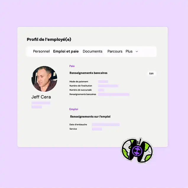 Alt text: "Screenshot of an employee profile page in French, featuring a profile photo, personal details, and sections for banking and employment information. The interface is clean, with a lavender background, and includes tabs for Personnel, Employment and Pay, and other options. Lower right shows a decorative emblem."