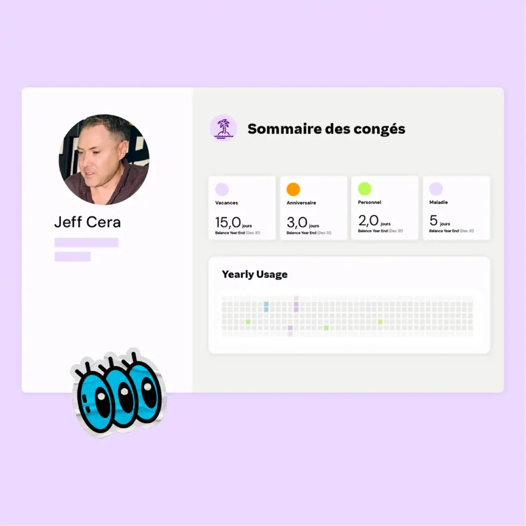 Profile summary for "Jeff Cera" shows leave balance: 15 vacation, 3 anniversary, 2 personal, 5 sick days. Includes a yearly usage chart and cartoon eyes.