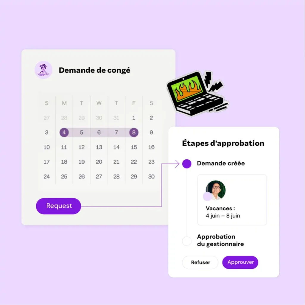 Calendar showing vacation request from June 4-8. Approval process includes a step with a photo. Laptop graphic conveys urgency. Buttons for refusal or approval.