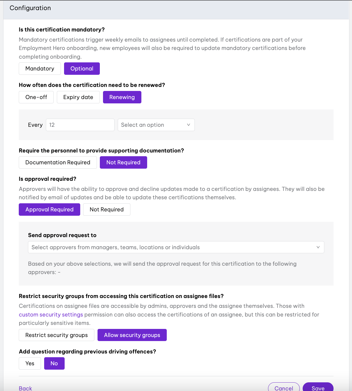 New Add certification UI 2 + Approvers + Restrict access