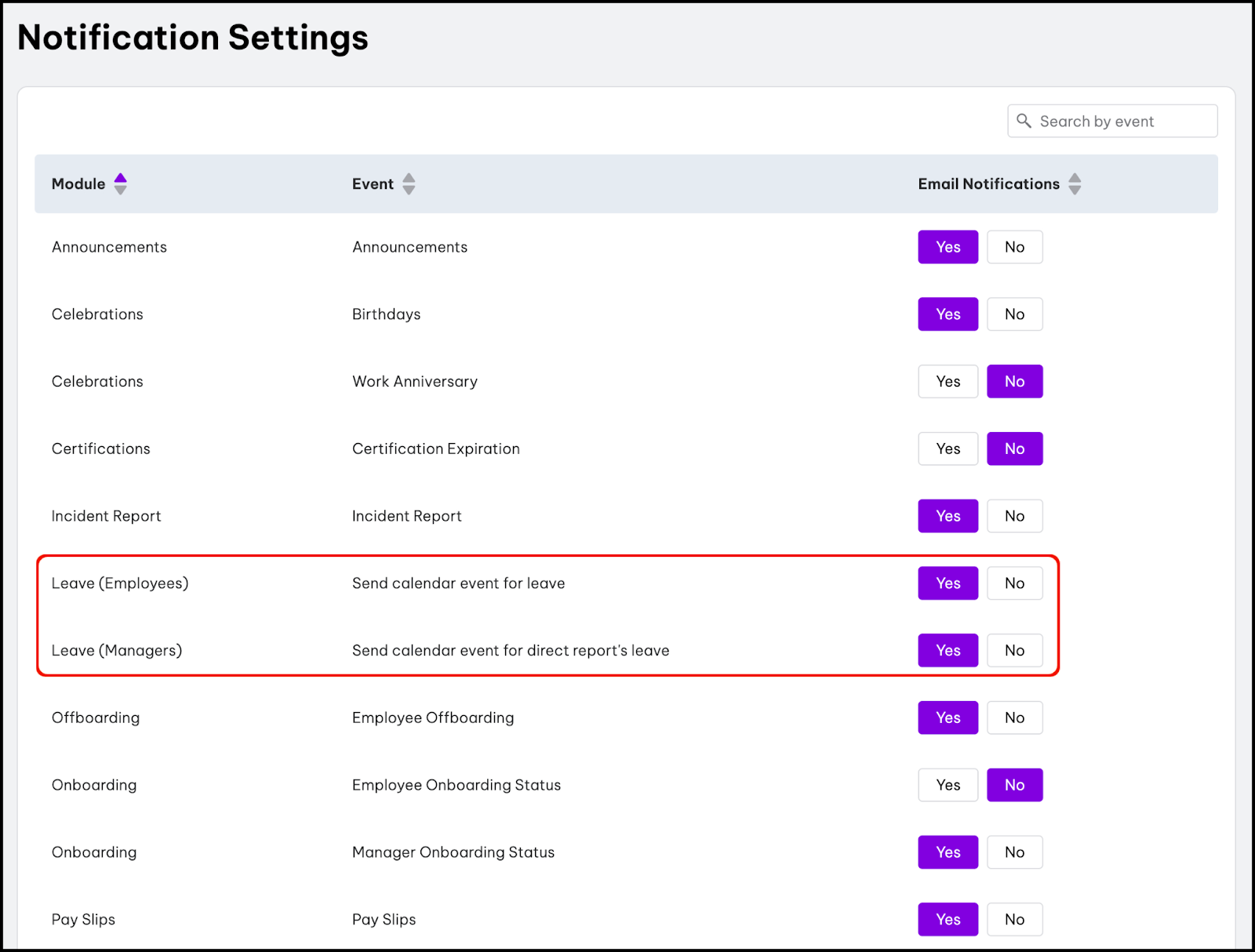 integrate leave notifications settings