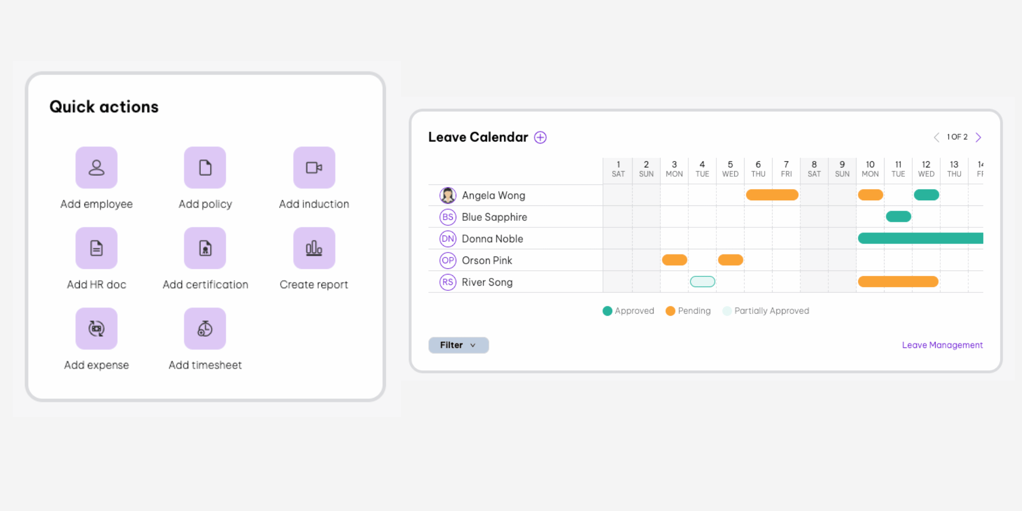 Quick actions + leave calendar interface