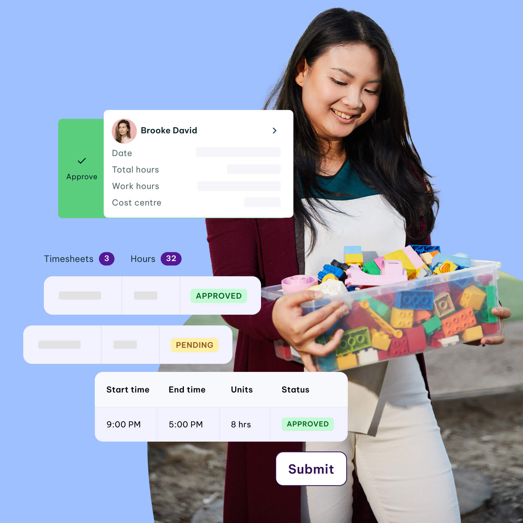 A woman holding a box of colorful toys, overlaid with a timesheet approval interface.
