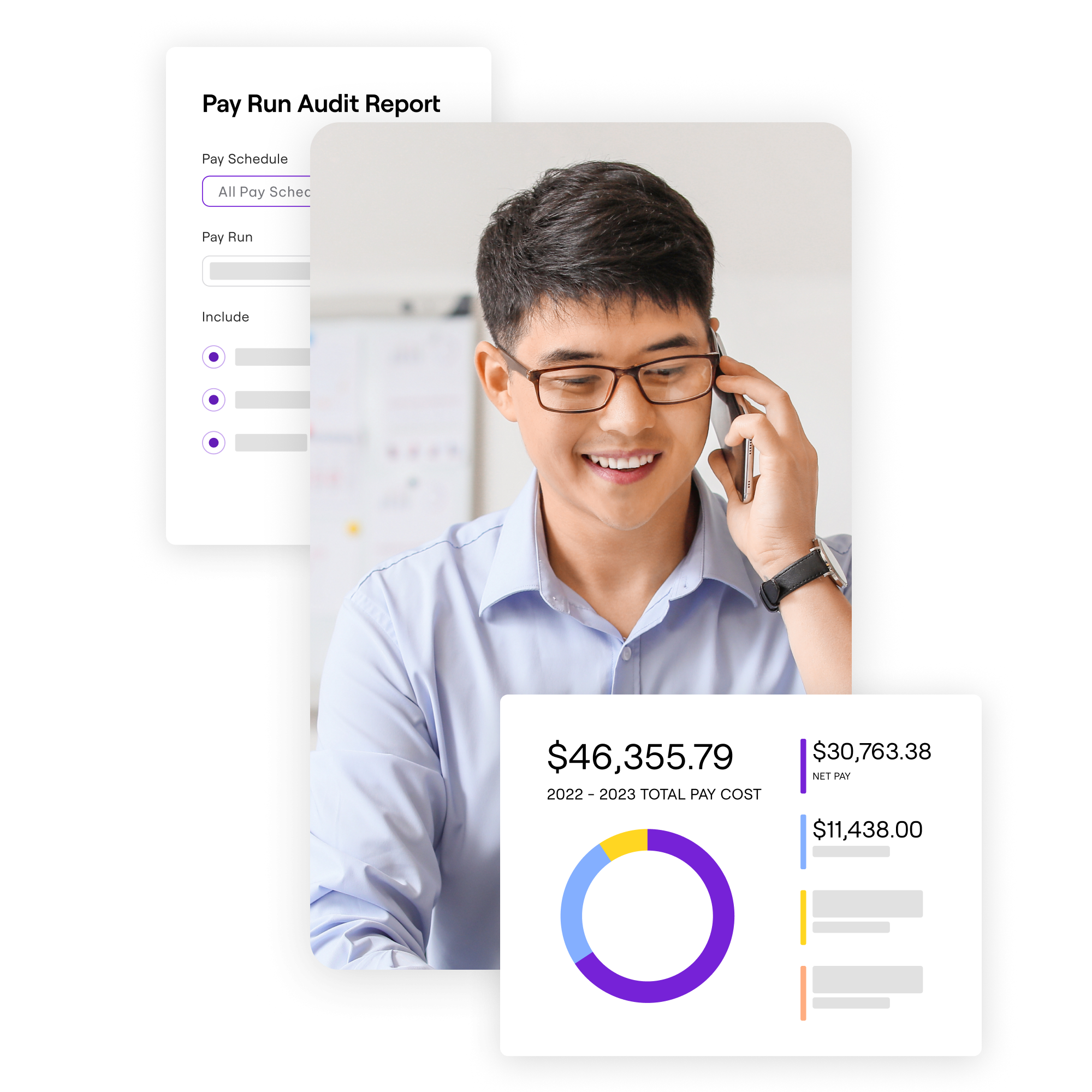 A smiling man wearing eye glasses taking on a call with graphic overlay about pay run audit report.