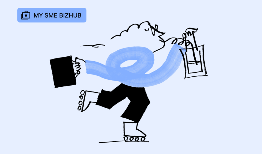 Whimsical illustration of a person on roller skates holding a briefcase and a shopping bag, with "MY SME BIZHUB" label above.