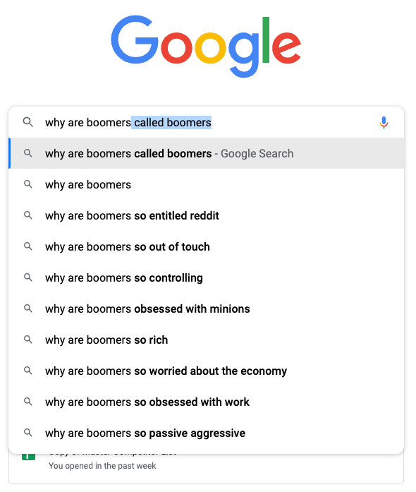 Screenshot of a Google search with keywords related to boomers