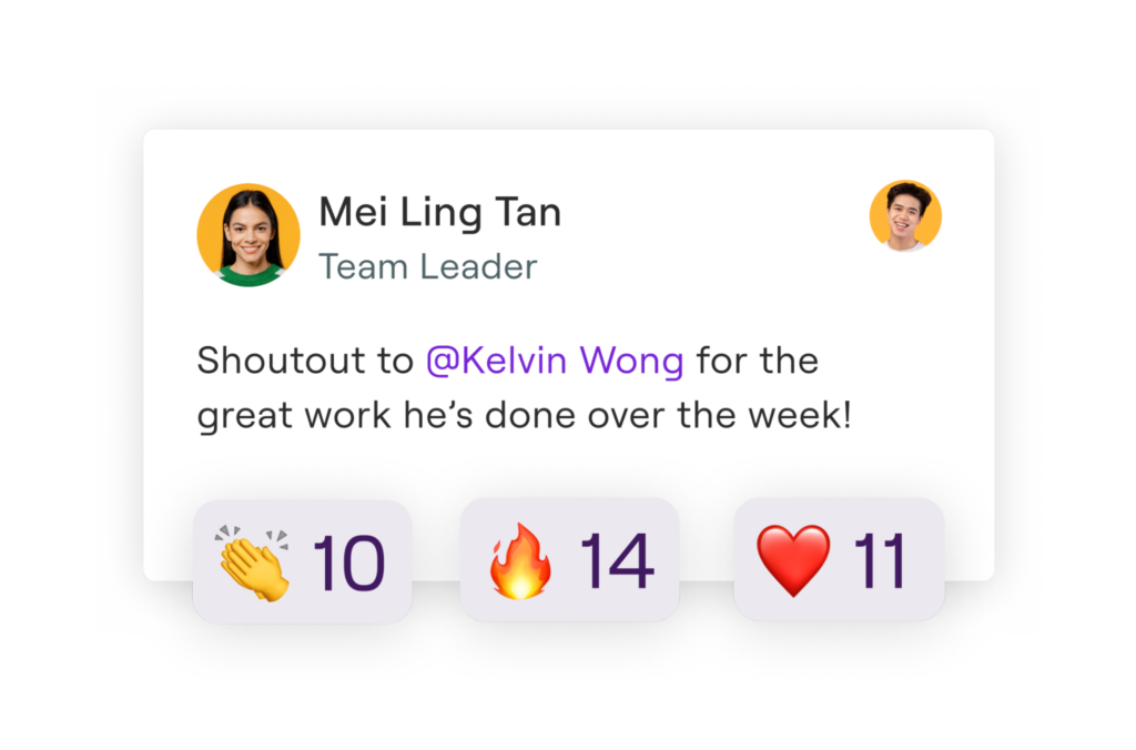 Team leader Mei Ling Tan gives a shoutout to Kelvin Wong for his great work, receiving claps, flames, and heart reactions.