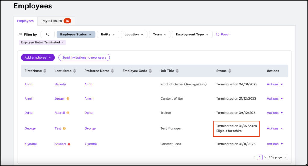 Employees page showing list of terminated employees with details including job title, termination date, and eligibility for rehire status