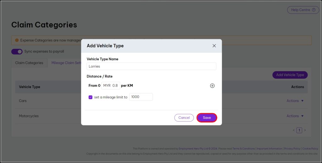 Screenshot of add vehicle type screen, highlighting save button