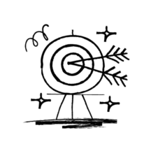 Black line illustration of an archery target with two black arrows embedded in the centre