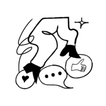 A black line drawing of a person's legs climbing up 3 circular bubbles. The first contains a black heart, the second three dots (to look like a speech bubble) and the third, a thumbs up emoji.