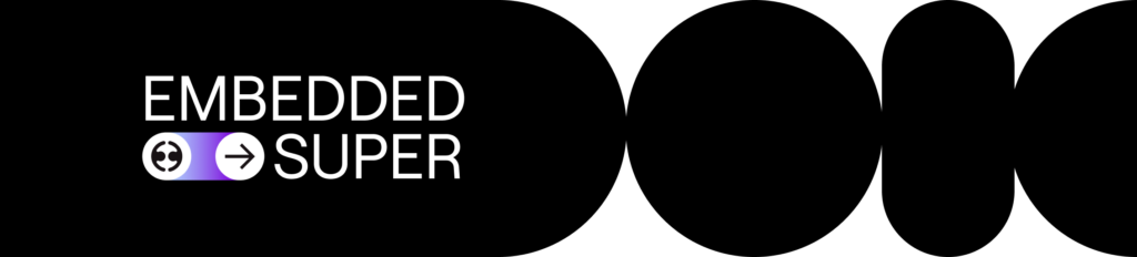A black banner with the text 'Embedded Super' in white. To the left of the word 'Super' is a toggle switch graphic with a circular dollar symbol on the left side and an arrow pointing right, highlighted in purple, symbolizing streamlined or automated superannuation processes