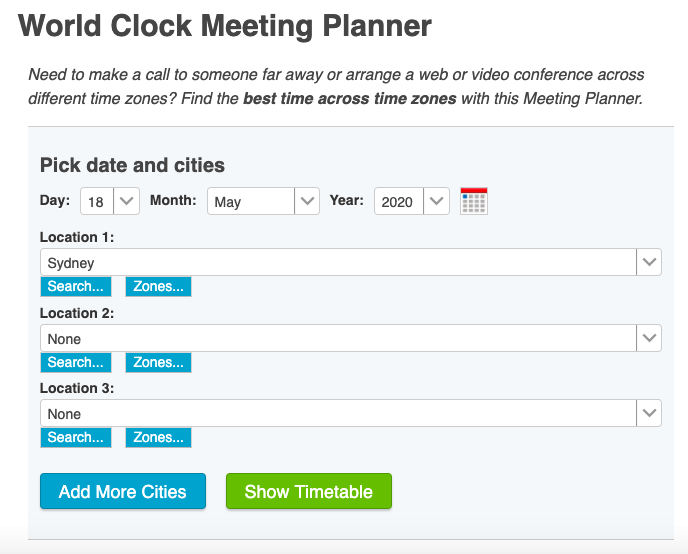 Screenshot of World Clock Meeting Planner for planning online meetings