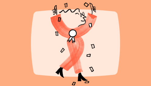 Illustration of person wearing medal with confetti