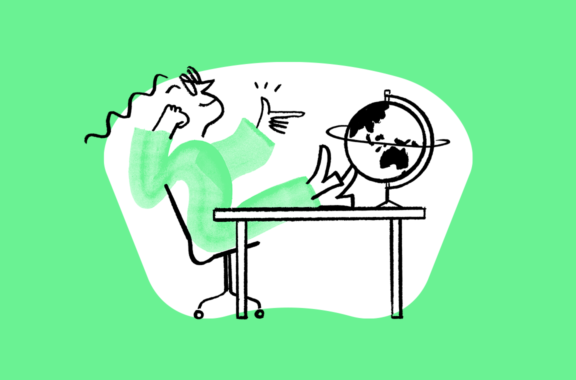 Illustration of man at a desk with globe